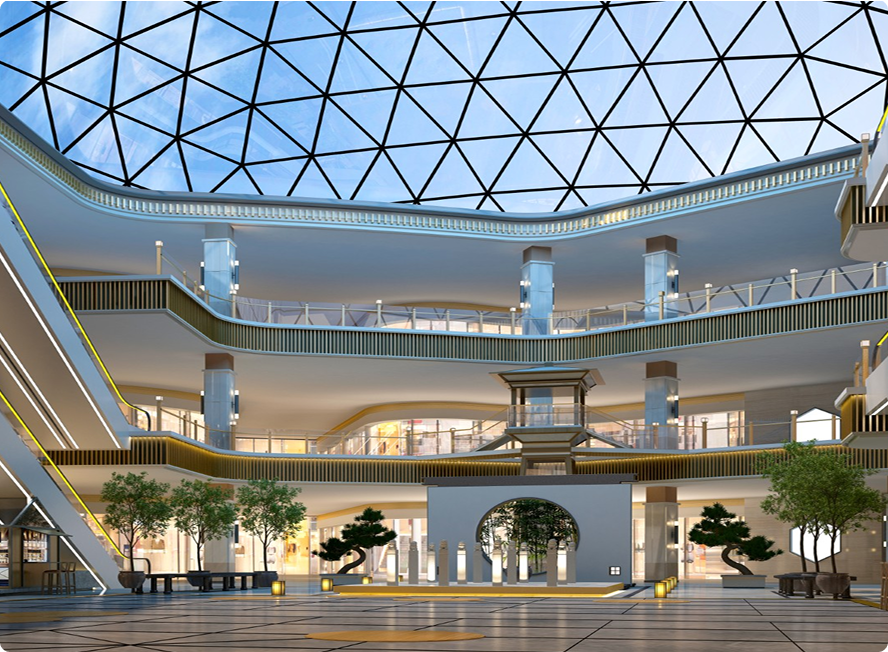 Modern atrium with glass dome ceiling.